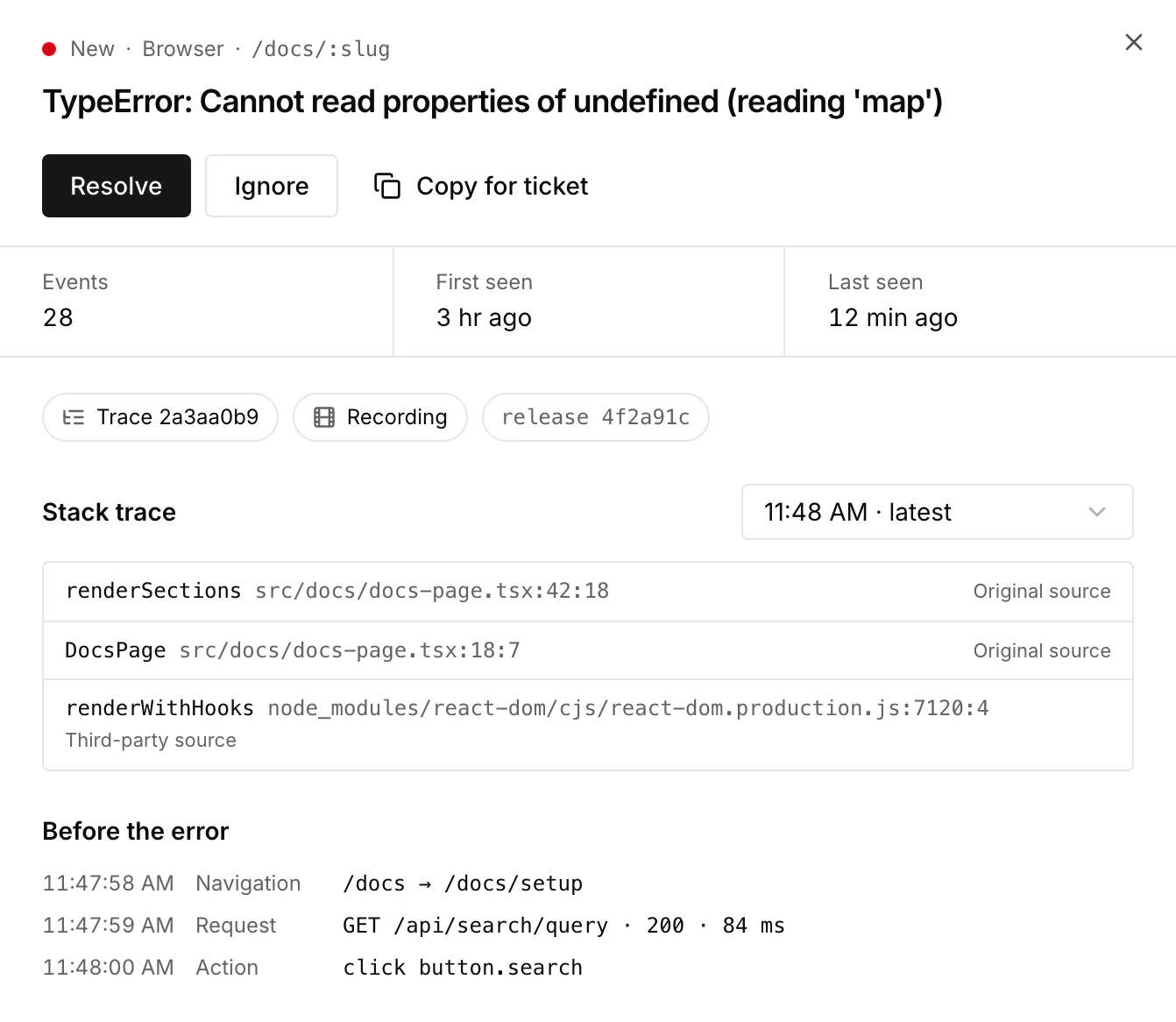 SiteOS Pulse error details with sample data: a new browser TypeError on /docs/:slug with 28 events, links to its trace, recording and release, a stack trace with original sources and the navigation, request and click before the error.