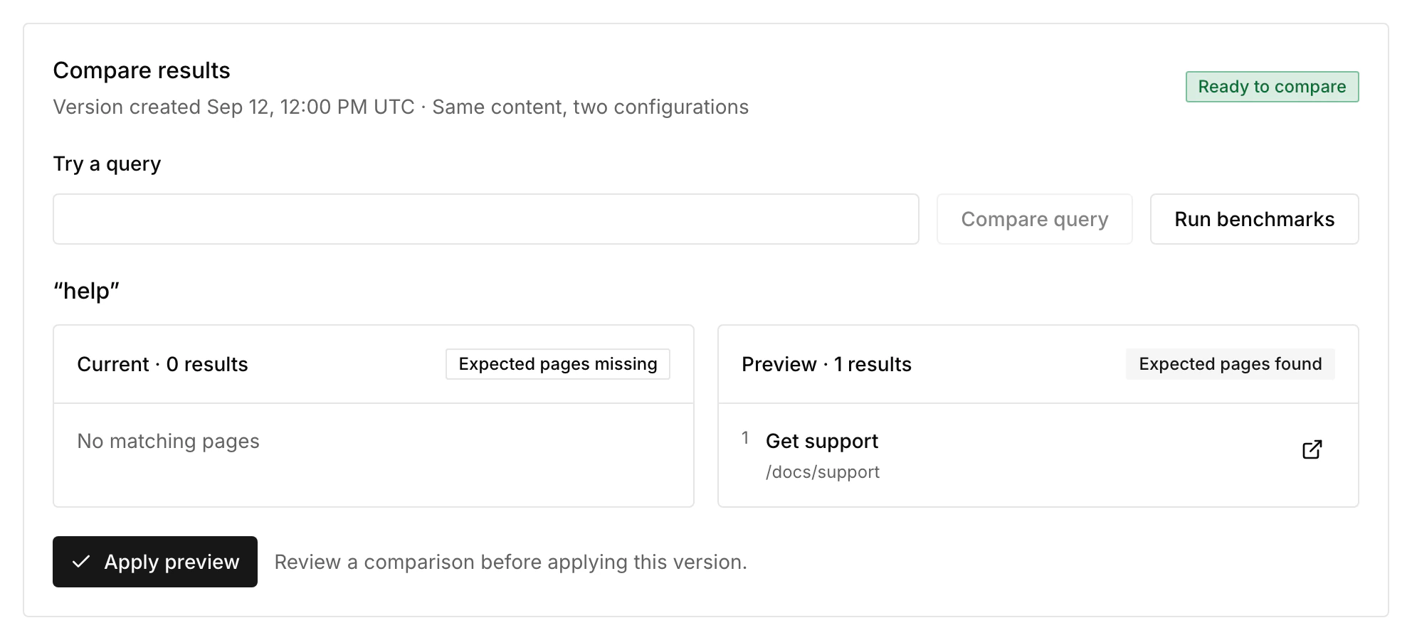 SiteOS Search relevance comparison with sample data: for the query “help”, the current settings find no pages while the preview finds the expected Get support page, with Apply preview below.